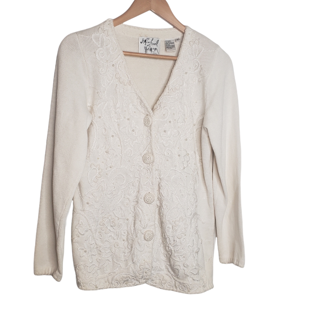 Michael Simon Vintage 1996 Pearl Embroidered Knit Cardigan